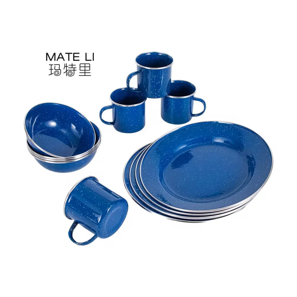 مجموعة أدوات مائدة للتخييم الفاخرة - Deluxe Camping Cutlery Set Enamel Cup Plate Bowl Platter