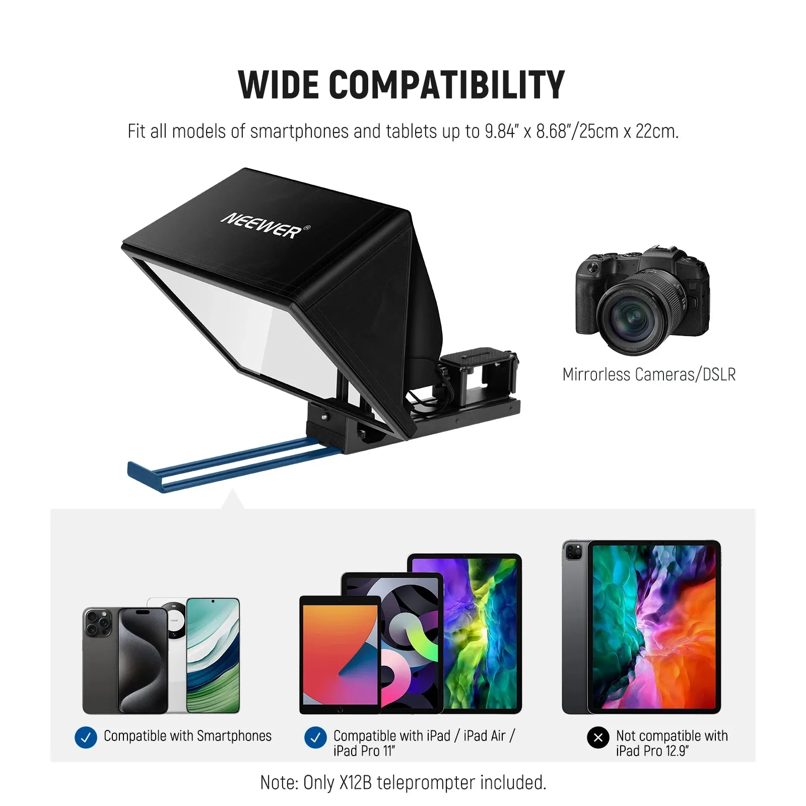 12 Aluminum Teleprompter for Ipad Tablet Phone Dslr Camera Remote & App Control Ios/android Compatible