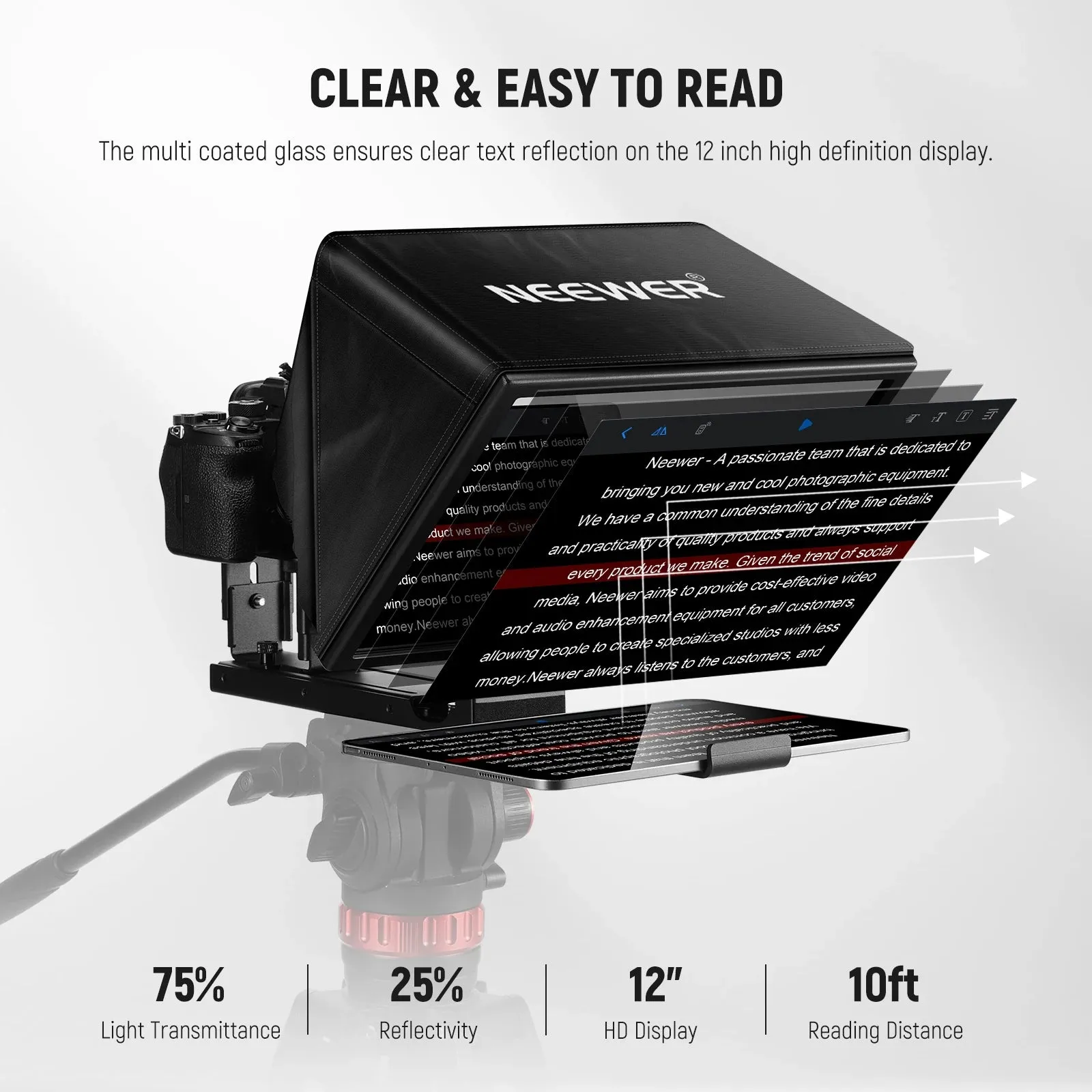 12 Aluminum Teleprompter for Ipad Tablet Phone Dslr Camera Remote & App Control Ios/android Compatible