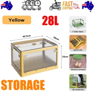 28L Yellow Storage Container | Stackable | 5 Sides Open Top Lid | Transparent | Foldable