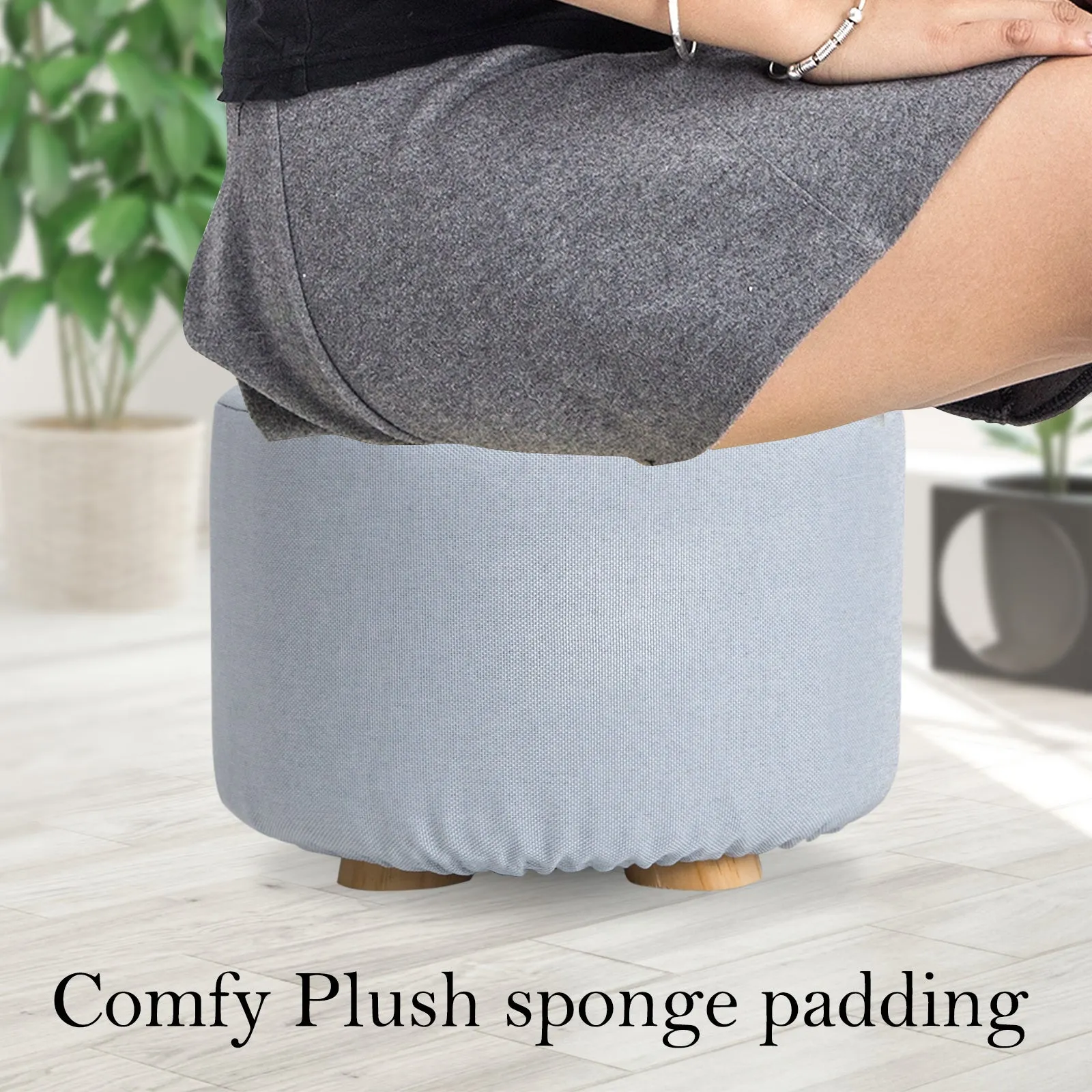 2X Fabric Ottoman Round Wooden Leg Foot Stool | LIGHT BLUE