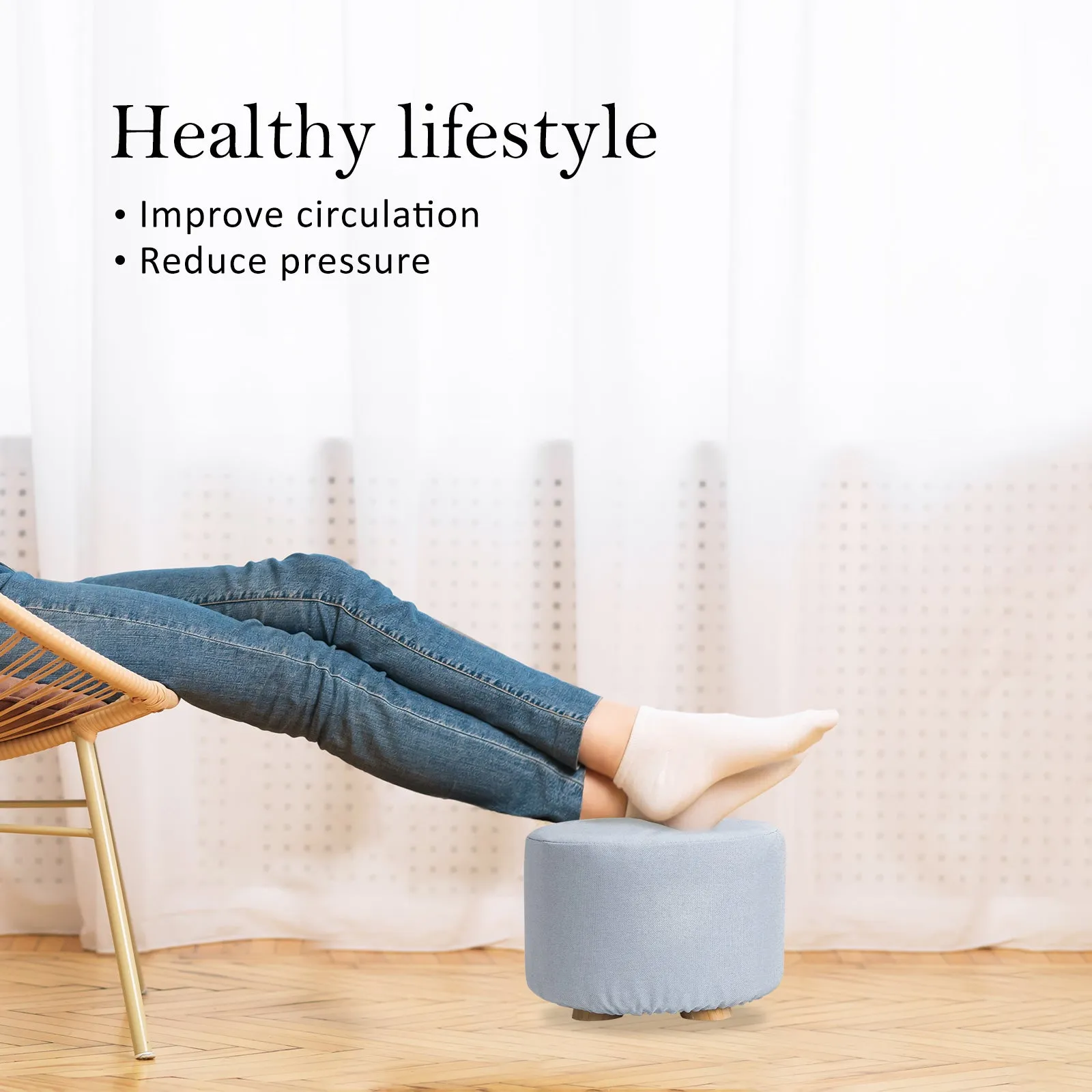 2X Fabric Ottoman Round Wooden Leg Foot Stool | LIGHT BLUE