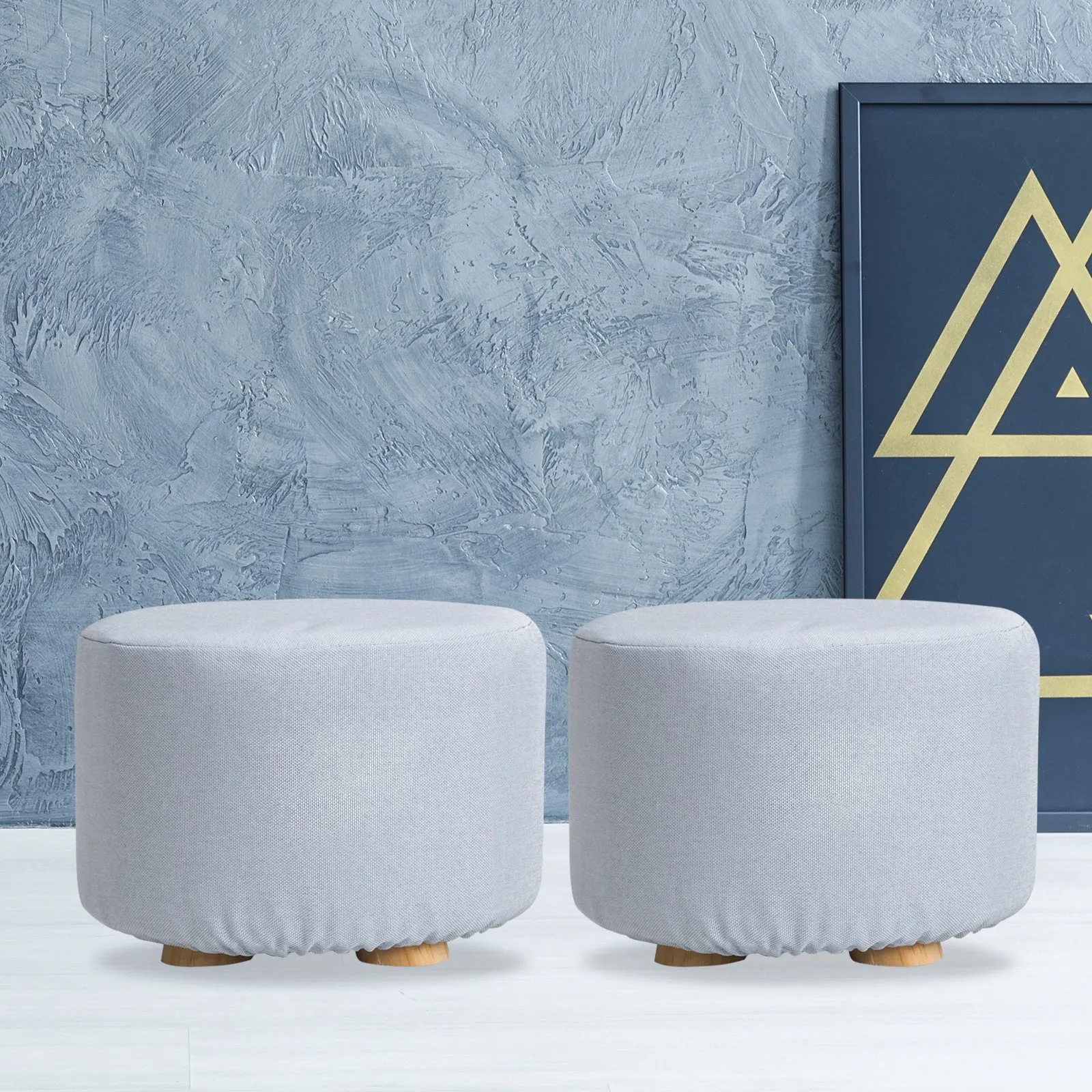 2X Fabric Ottoman Round Wooden Leg Foot Stool | LIGHT BLUE