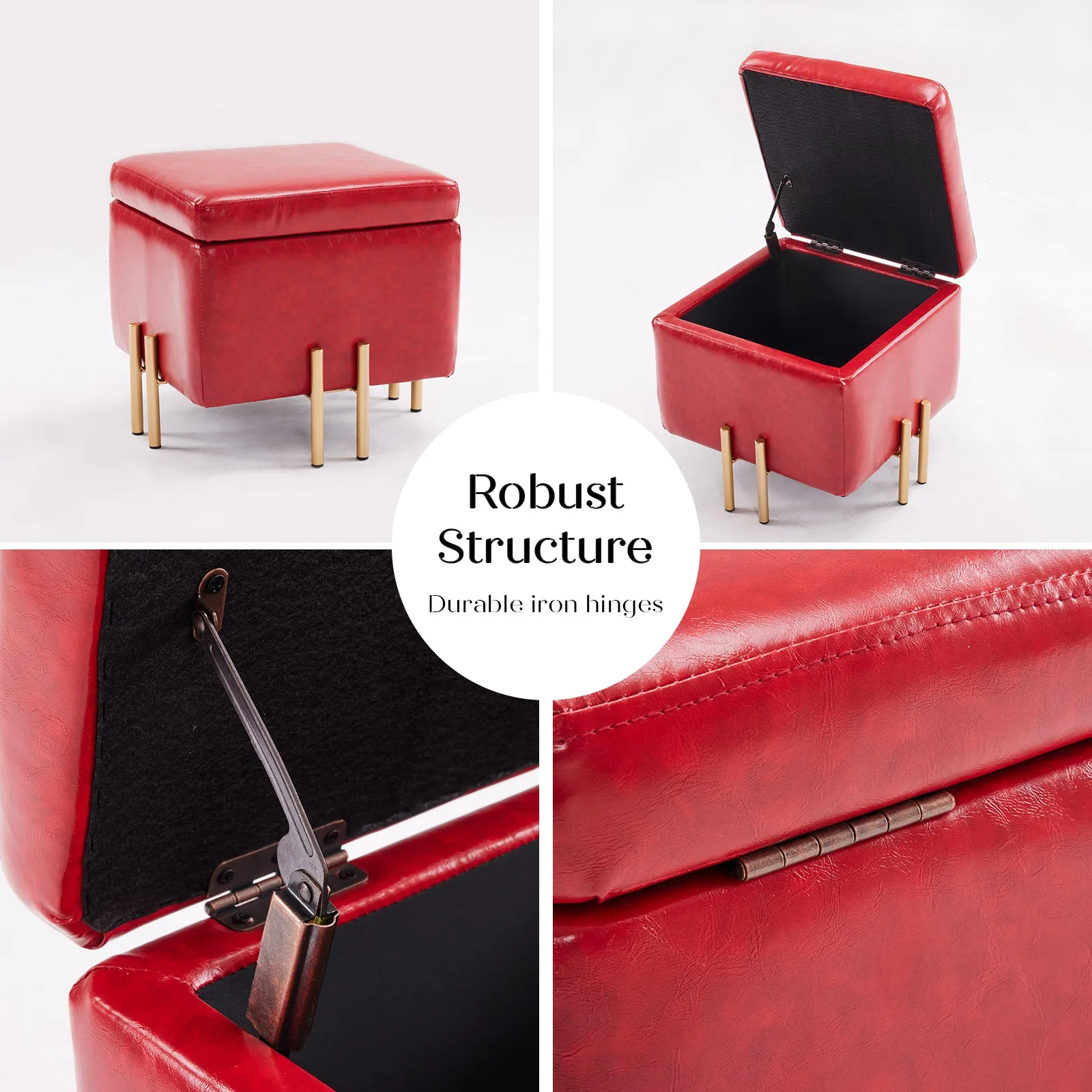 2x Storage Ottoman Foot Stool Cube Tuffet Seat | 45cm | PU Leather | Red