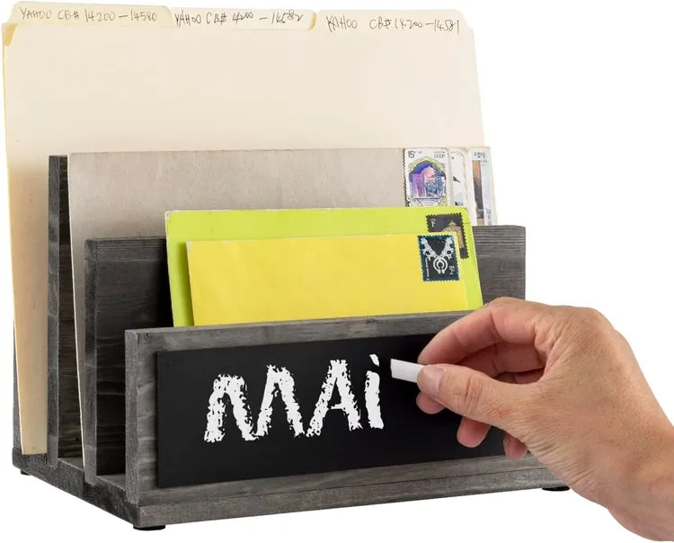 3 Slot Mail Sorter, Gray Wood Letter Organizer, Document Desk Filing Folder Storage Holder with Chalkboard Label