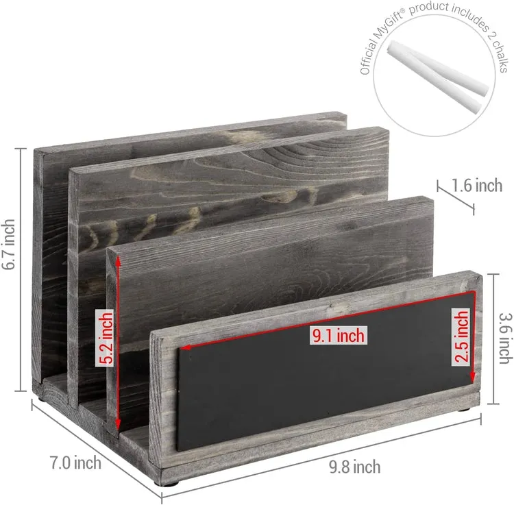 3 Slot Mail Sorter, Gray Wood Letter Organizer, Document Desk Filing Folder Storage Holder with Chalkboard Label