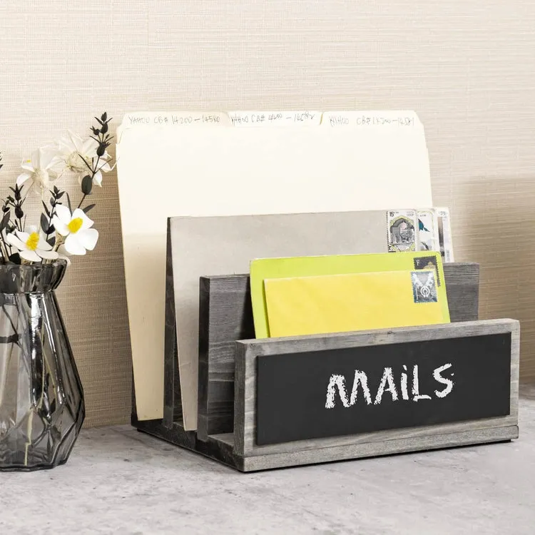 3 Slot Mail Sorter, Gray Wood Letter Organizer, Document Desk Filing Folder Storage Holder with Chalkboard Label
