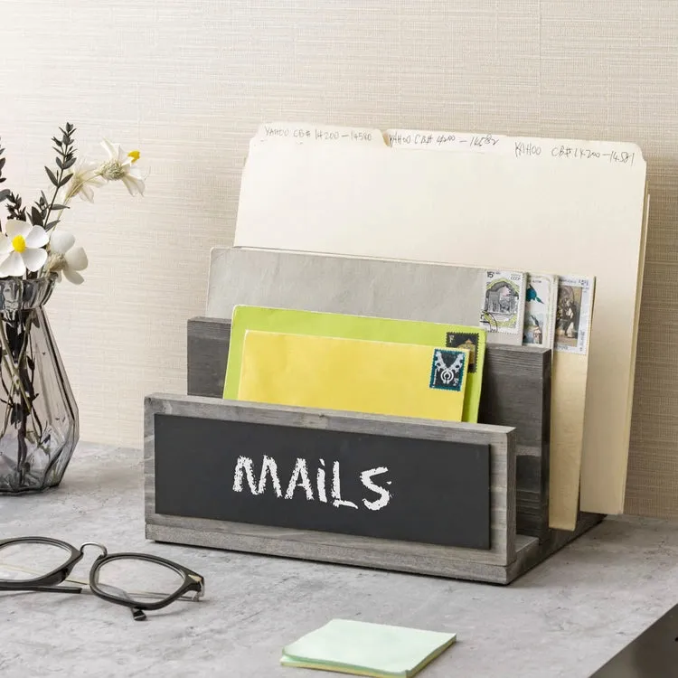 3 Slot Mail Sorter, Gray Wood Letter Organizer, Document Desk Filing Folder Storage Holder with Chalkboard Label