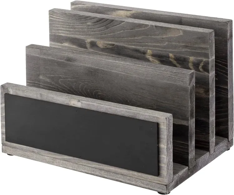 3 Slot Mail Sorter, Gray Wood Letter Organizer, Document Desk Filing Folder Storage Holder with Chalkboard Label