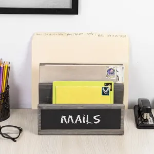 3 Slot Mail Sorter, Gray Wood Letter Organizer, Document Desk Filing Folder Storage Holder with Chalkboard Label