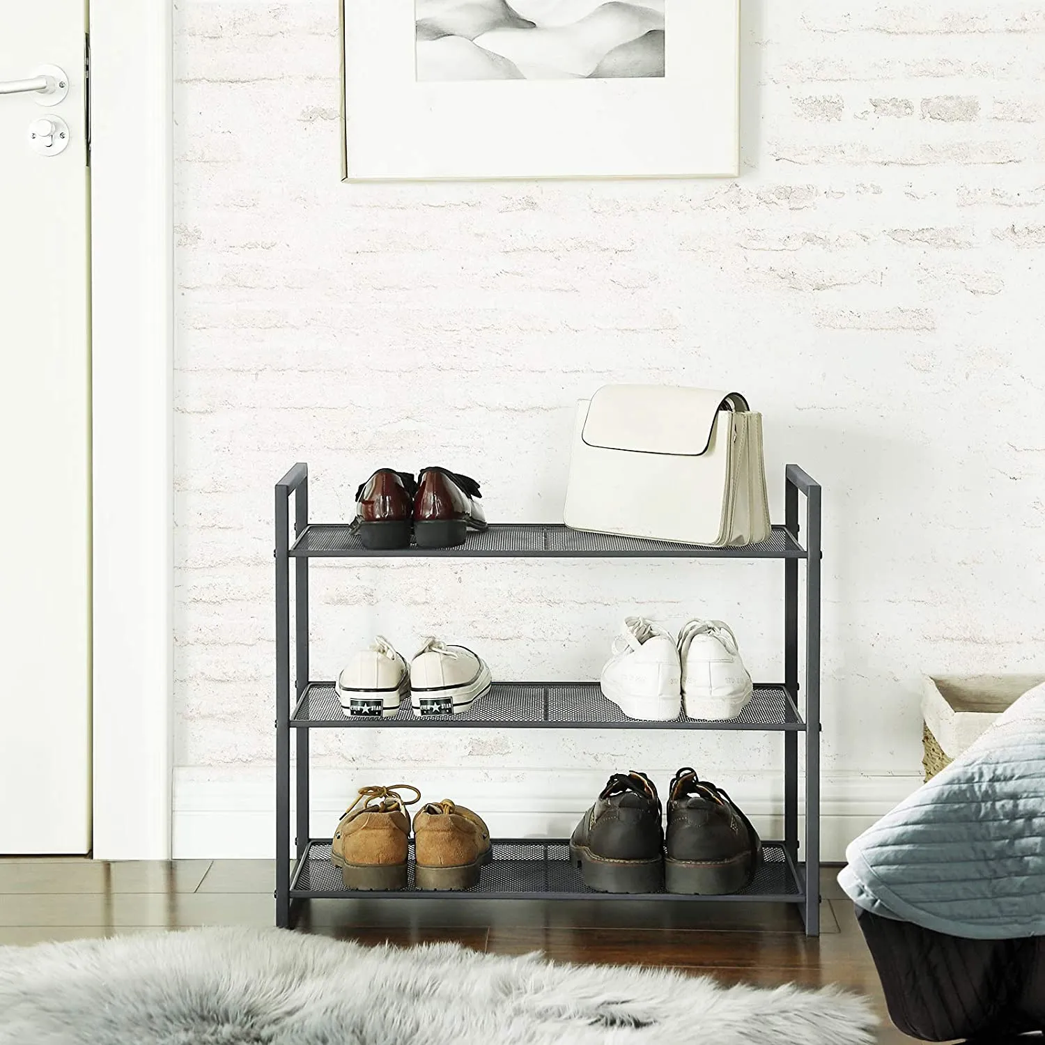 3-Tier Shoe Rack, Stackable Organizer, 9-12 Pairs, Metal Storage, Smoky Gray