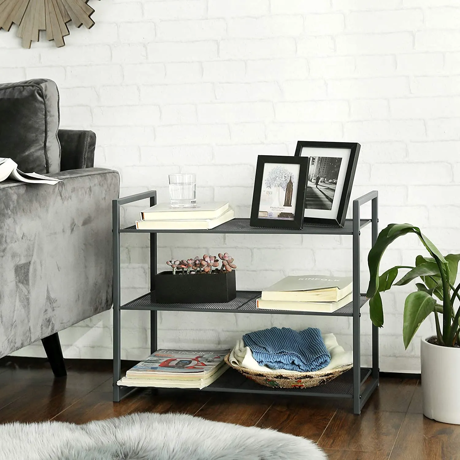 3-Tier Shoe Rack, Stackable Organizer, 9-12 Pairs, Metal Storage, Smoky Gray