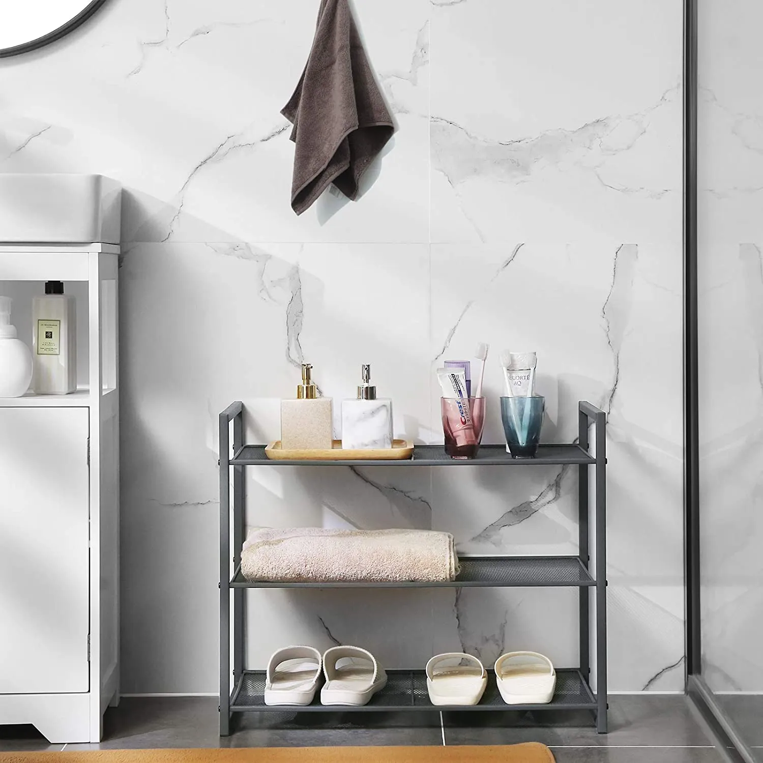3-Tier Shoe Rack, Stackable Organizer, 9-12 Pairs, Metal Storage, Smoky Gray