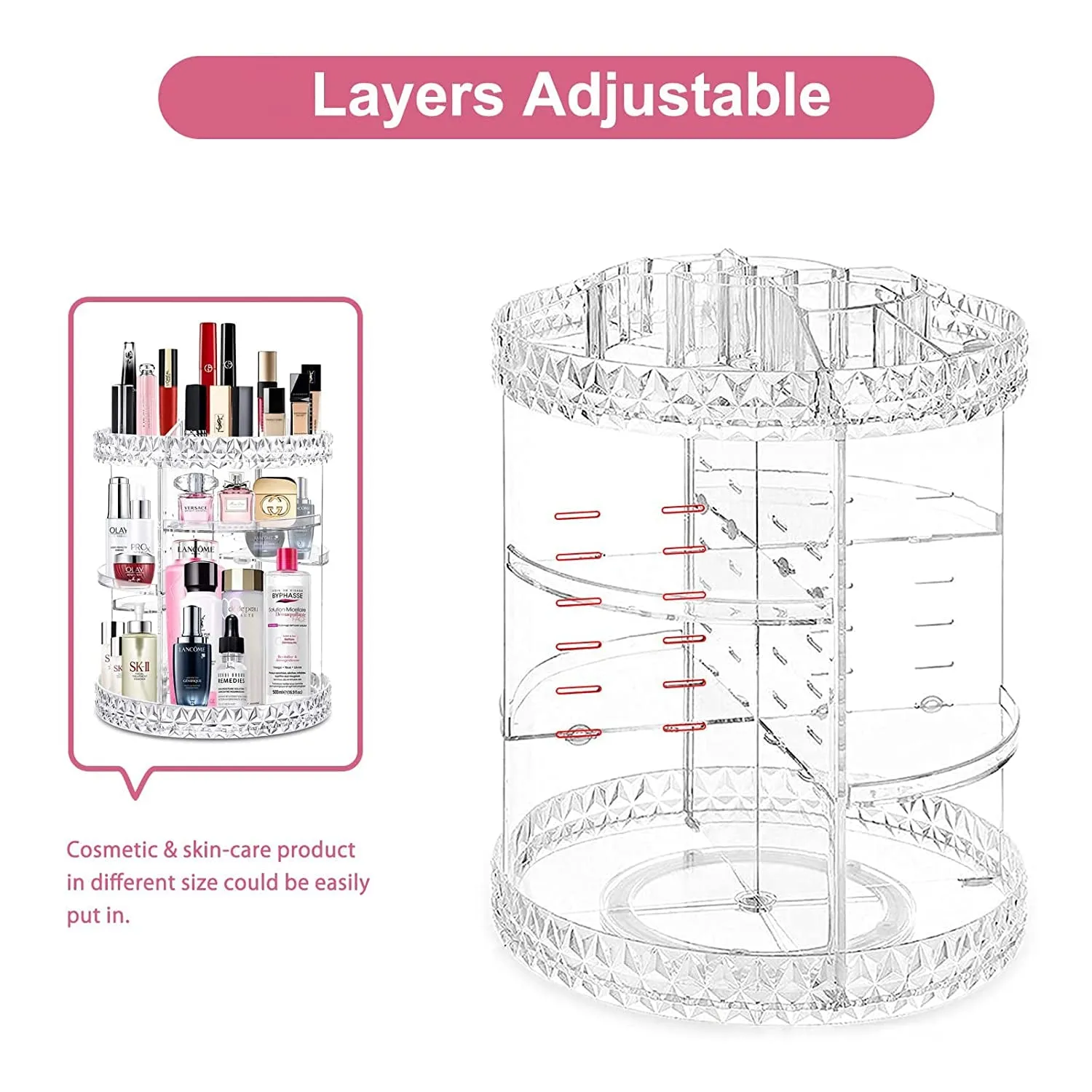 360° Rotating Makeup Organizer – Clear Acrylic Cosmetic Storage with 8 Adjustable Layers, Large Capacity Display Case for Vanity or Bedroom Dresser