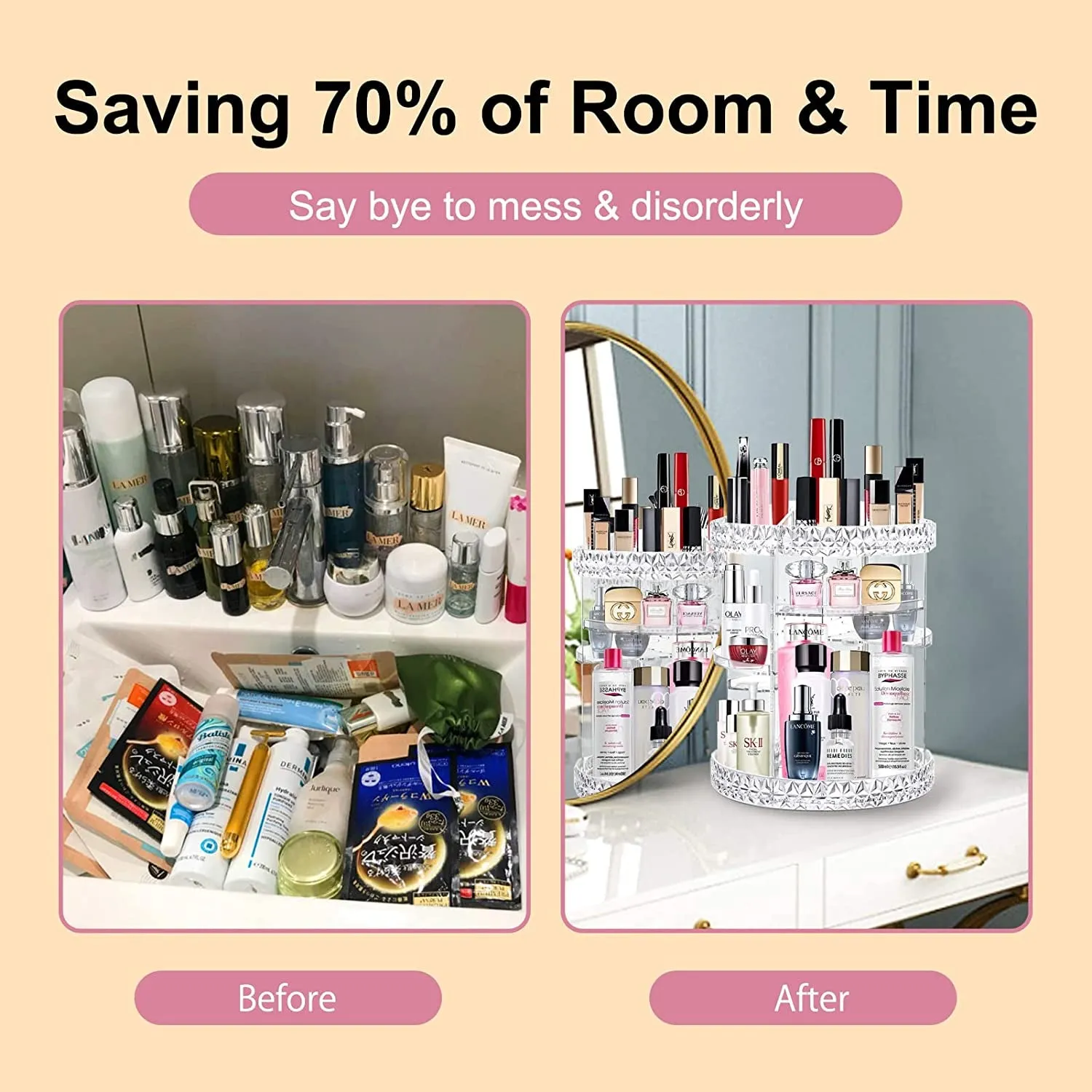 360° Rotating Makeup Organizer – Clear Acrylic Cosmetic Storage with 8 Adjustable Layers, Large Capacity Display Case for Vanity or Bedroom Dresser