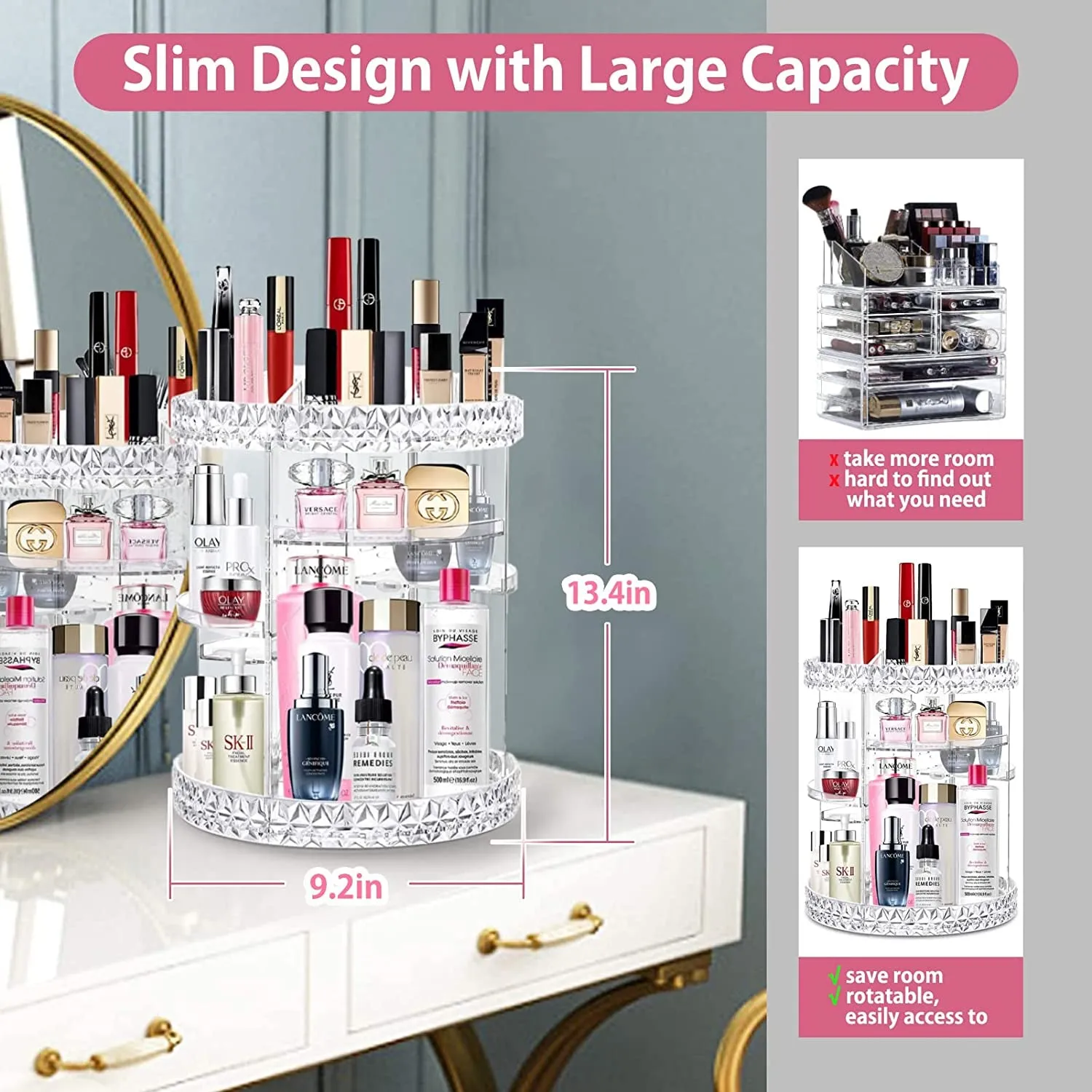 360° Rotating Makeup Organizer – Clear Acrylic Cosmetic Storage with 8 Adjustable Layers, Large Capacity Display Case for Vanity or Bedroom Dresser