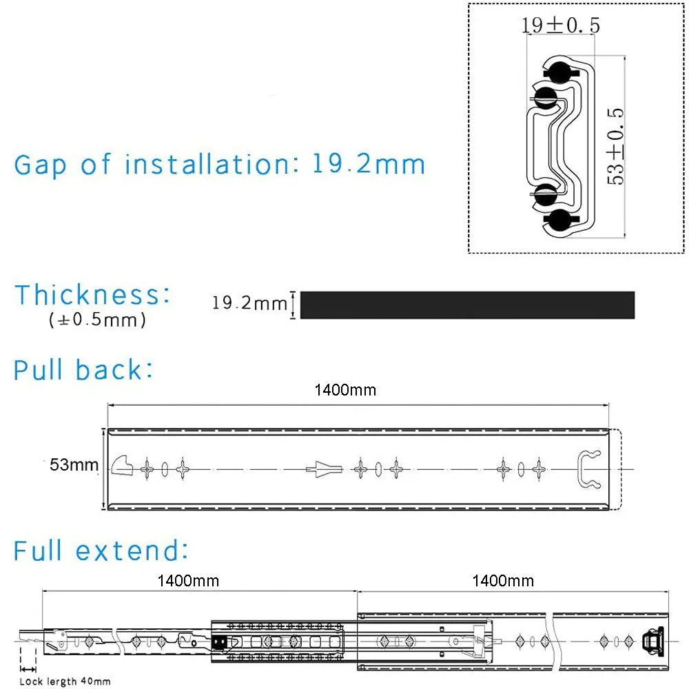 56in Pair 1000 - 2000mm | 150KG Capacity | Heavy Duty Trailer Drawer Slides Rails Runners Locking