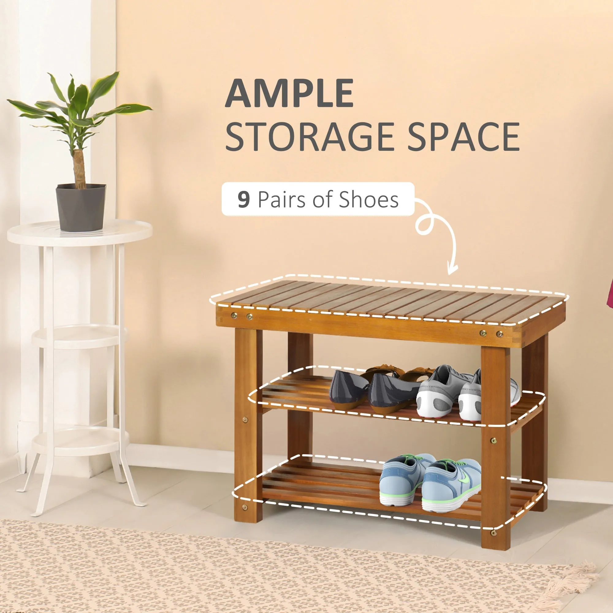 Acacia Wood Shoe Bench  3-Tier Shoe Storage Rack Hallway Organizer Shelf for Entryway Living Room Bedroom