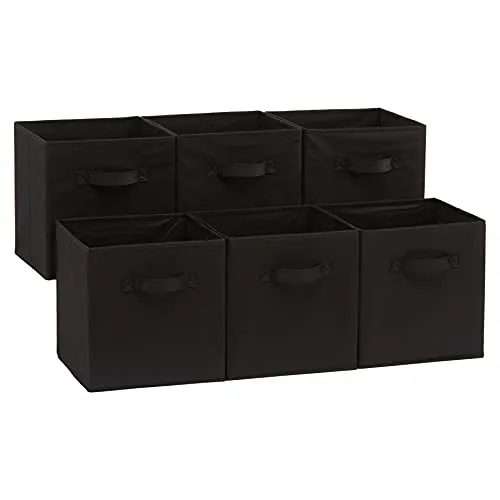 Amazon Basics Collapsible Fabric Storage Cubes Organizer with Handles, Black - Pack of 6
