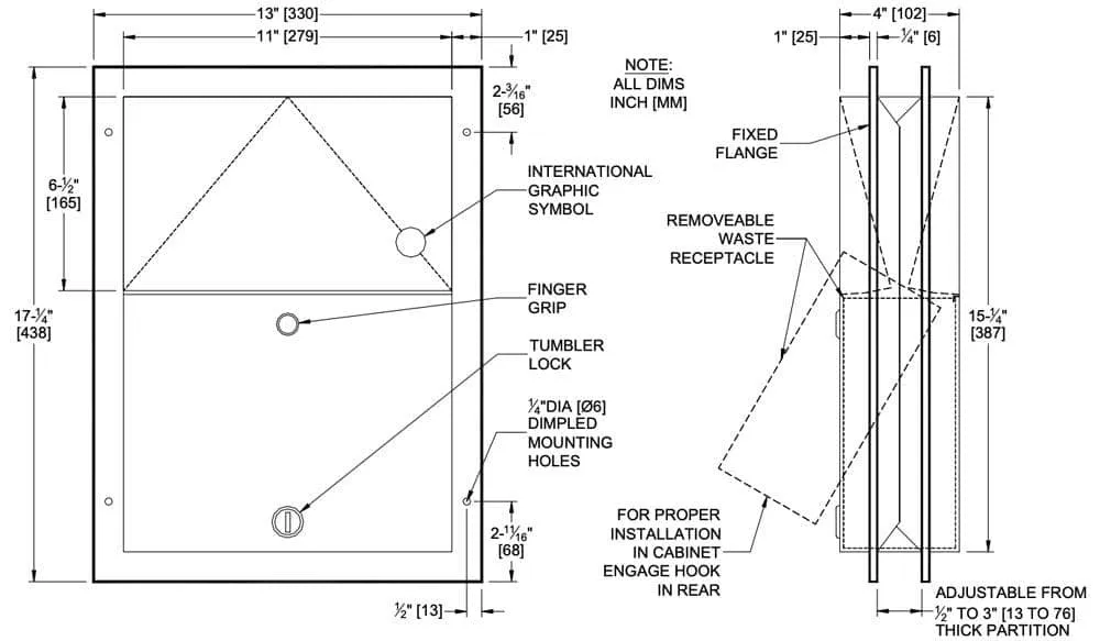 ASI 0472-1 Commercial Restroom Sanitary Napkin Disposal, Partition-Mounted, Stainless Steel