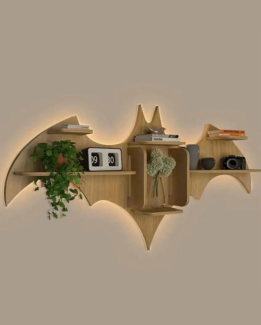Bat Shape Backlit Designer Wooden Wall Shelf | 22 x 42 inches