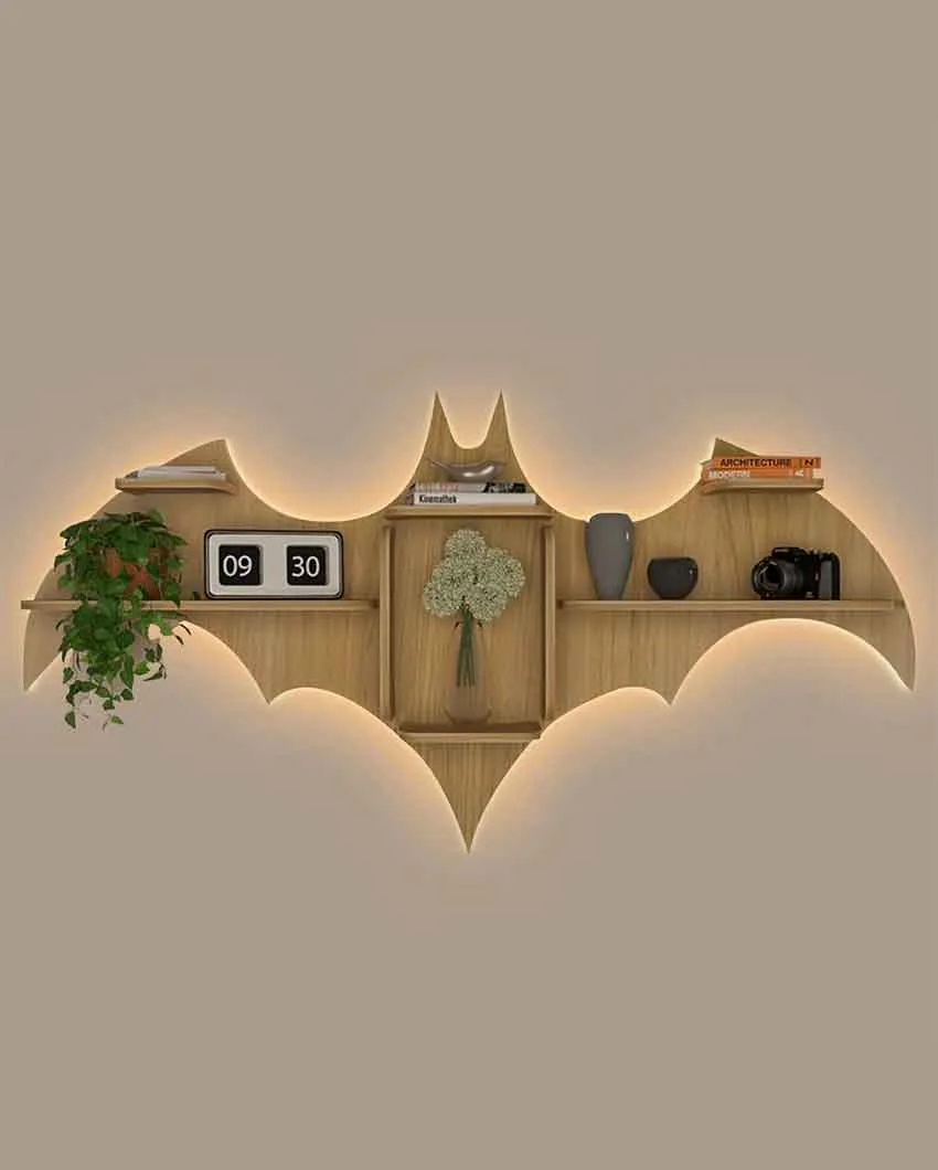 Bat Shape Backlit Designer Wooden Wall Shelf | 22 x 42 inches