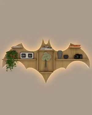 Bat Shape Backlit Designer Wooden Wall Shelf | 22 x 42 inches