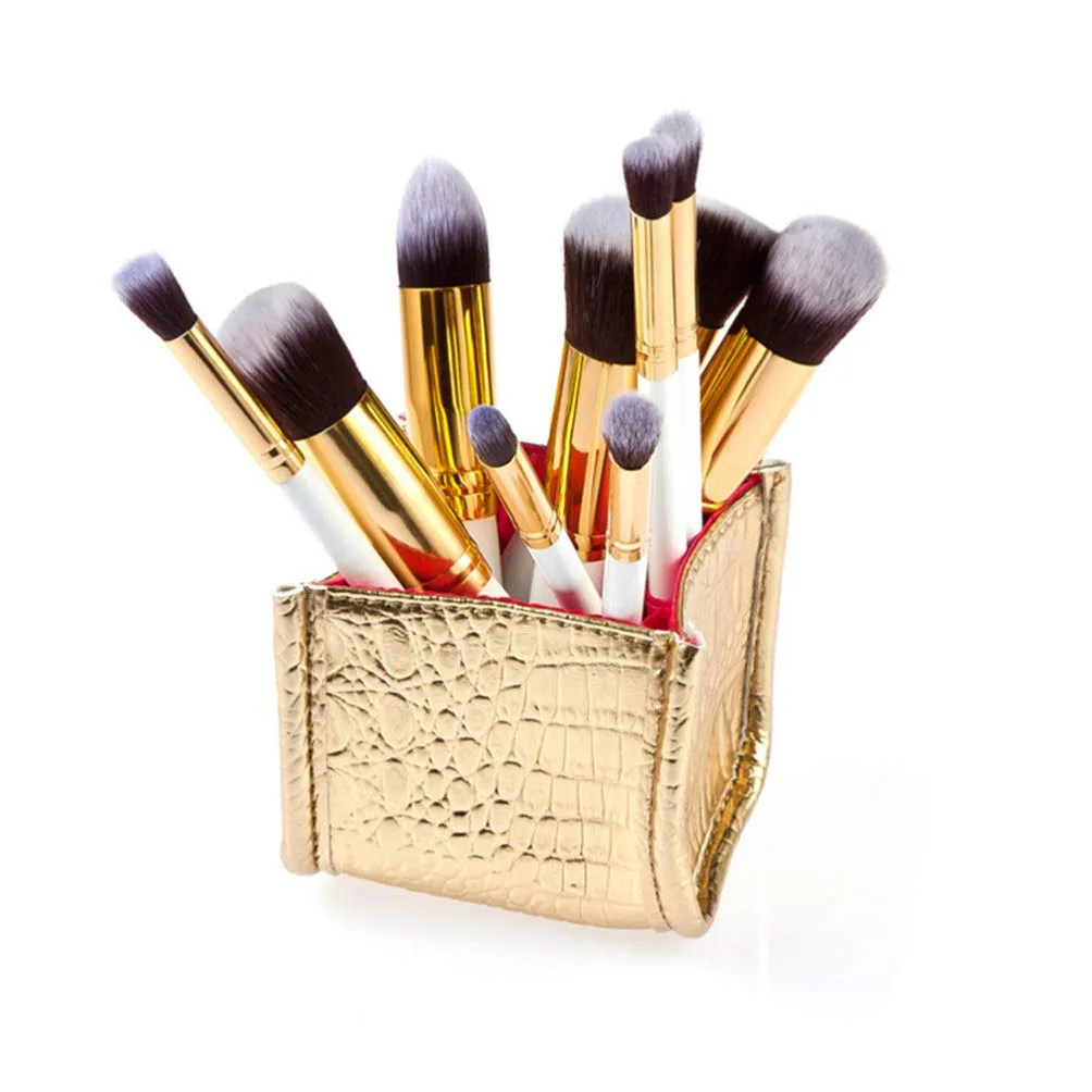 Beaupretty Makeup Brush Storage Holder Alligator Pattern Case Box Desk Pen Containers Artificial leather Pen Organizer Golden
