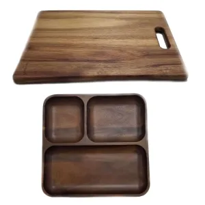 BergHOFF Acacia Wood 2Pc Divided Tray and Cutting Board Set
