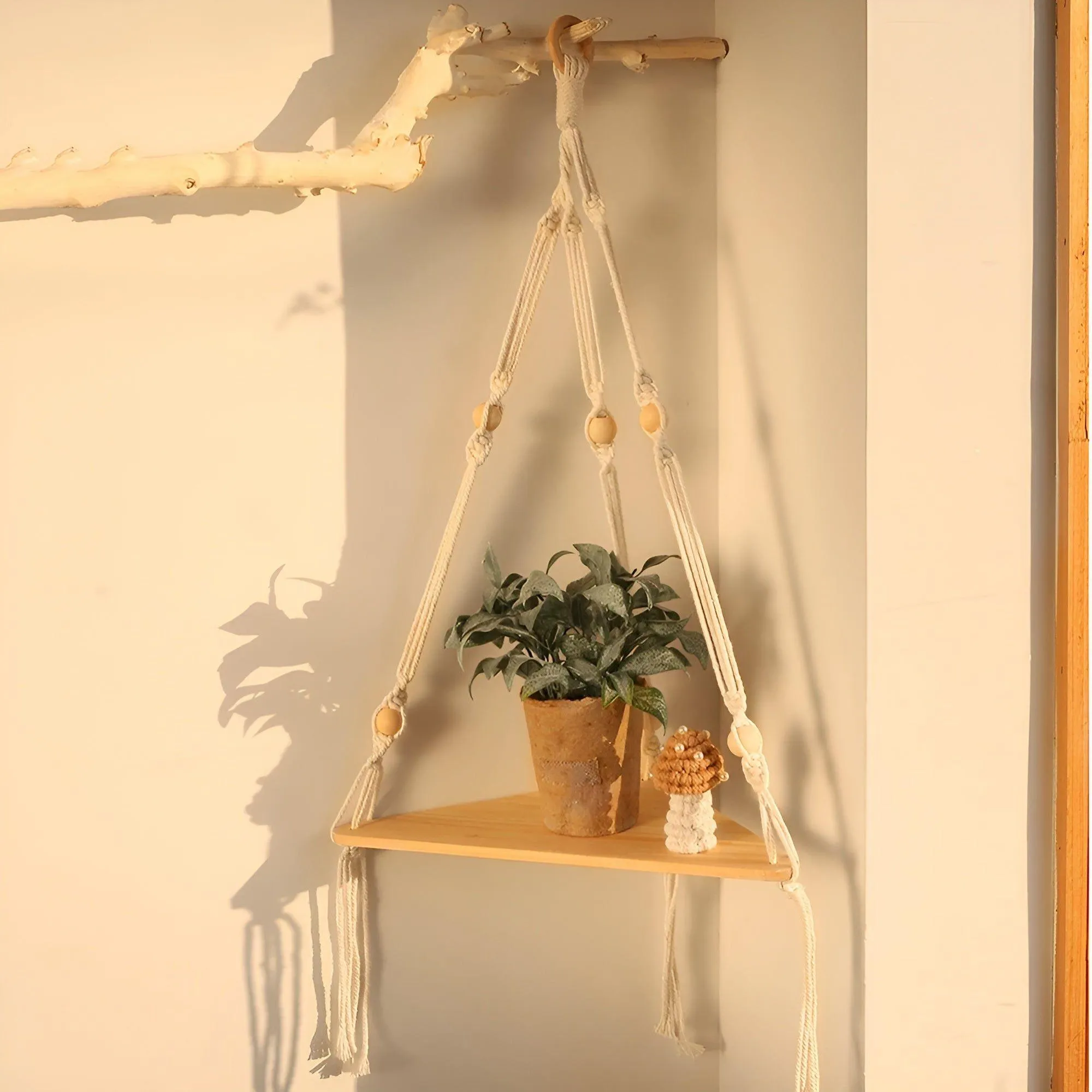 BohoFloat Shelf - Hängendes Wandregal mit ästhetischen Seilen in Dreiecksform