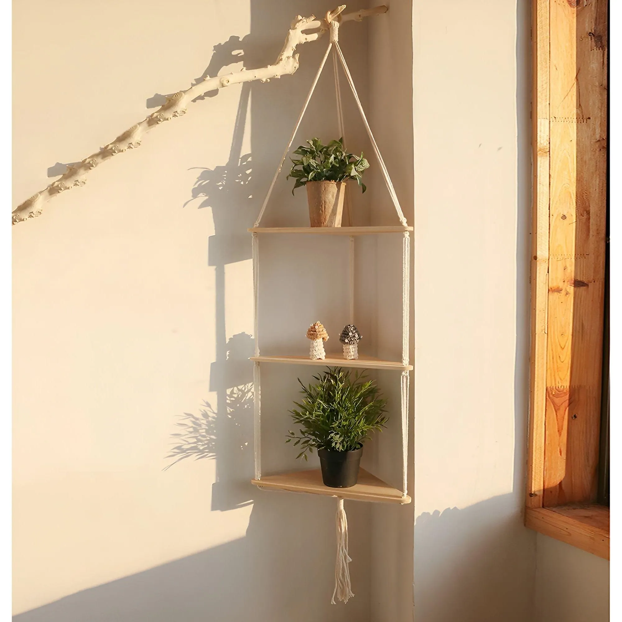 BohoFloat Shelf - Hängendes Wandregal mit ästhetischen Seilen in Dreiecksform