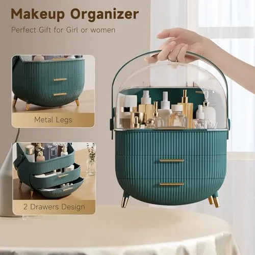 BTGGG Makeup Storage Organizer with Lid, Waterproof Cosmetics Skincare Organizer for Vanity, Portable Makeup Storage Box for Countertop, Gifts, Women (Green)