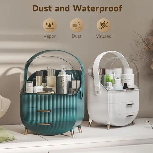 BTGGG Makeup Storage Organizer with Lid, Waterproof Cosmetics Skincare Organizer for Vanity, Portable Makeup Storage Box for Countertop, Gifts, Women (Green)