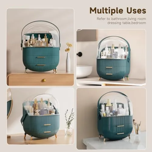 BTGGG Makeup Storage Organizer with Lid, Waterproof Cosmetics Skincare Organizer for Vanity, Portable Makeup Storage Box for Countertop, Gifts, Women (Green)