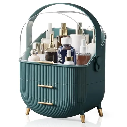 BTGGG Makeup Storage Organizer with Lid, Waterproof Cosmetics Skincare Organizer for Vanity, Portable Makeup Storage Box for Countertop, Gifts, Women (Green)