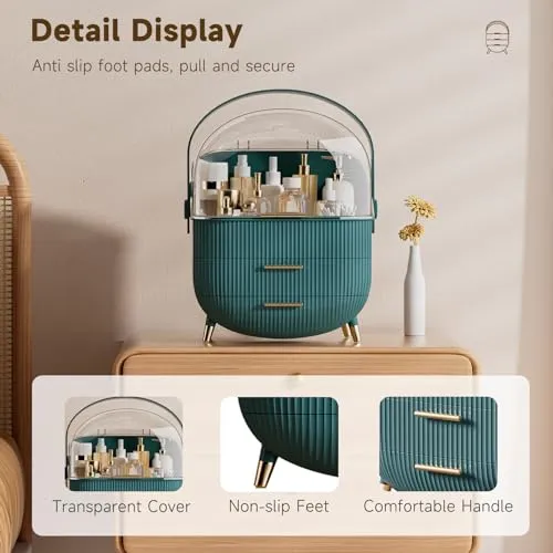 BTGGG Makeup Storage Organizer with Lid, Waterproof Cosmetics Skincare Organizer for Vanity, Portable Makeup Storage Box for Countertop, Gifts, Women (Green)