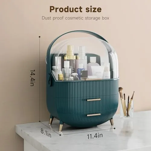 BTGGG Makeup Storage Organizer with Lid, Waterproof Cosmetics Skincare Organizer for Vanity, Portable Makeup Storage Box for Countertop, Gifts, Women (Green)