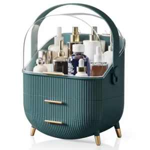 BTGGG Makeup Storage Organizer with Lid, Waterproof Cosmetics Skincare Organizer for Vanity, Portable Makeup Storage Box for Countertop, Gifts, Women (Green)