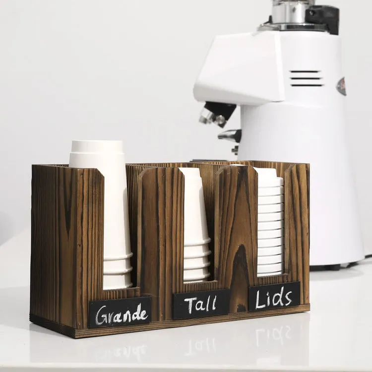 Burnt Wood Coffee To Go Cup Server Caddy with Chalkboard Labels, Wall Mounted or Countertop Drink Station Organizer Rack
