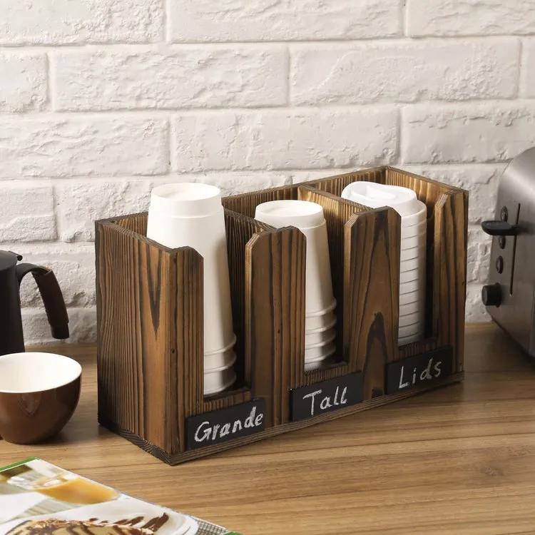 Burnt Wood Coffee To Go Cup Server Caddy with Chalkboard Labels, Wall Mounted or Countertop Drink Station Organizer Rack