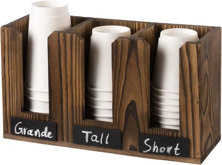 Burnt Wood Coffee To Go Cup Server Caddy with Chalkboard Labels, Wall Mounted or Countertop Drink Station Organizer Rack