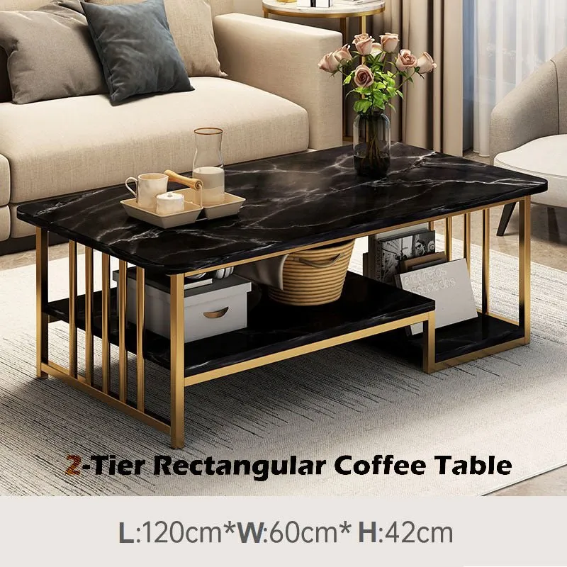 Coffee Table Faux Mable Tabletop 2-Tier Storage Shelf Modern (Black Top/Gold Frame)
