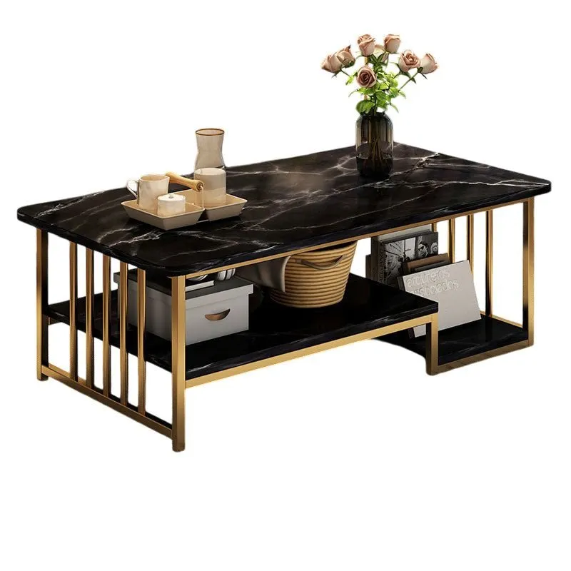 Coffee Table Faux Mable Tabletop 2-Tier Storage Shelf Modern (Black Top/Gold Frame)