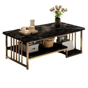 Coffee Table Faux Mable Tabletop 2-Tier Storage Shelf Modern (Black Top/Gold Frame)