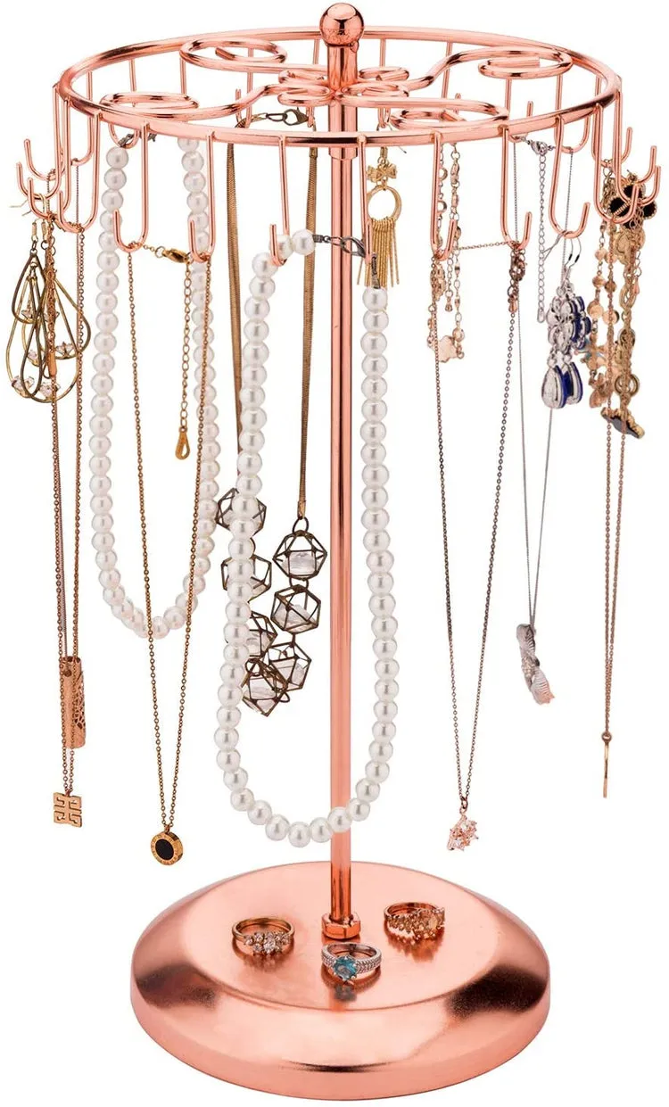 Copper 14-Inch Scrollwork Necklace Holder Rack with Rotating Carousel and 24 Hooks