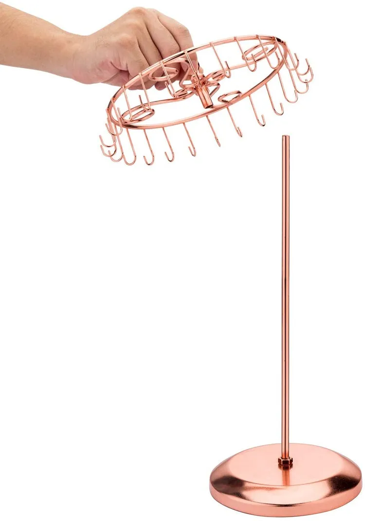 Copper 14-Inch Scrollwork Necklace Holder Rack with Rotating Carousel and 24 Hooks