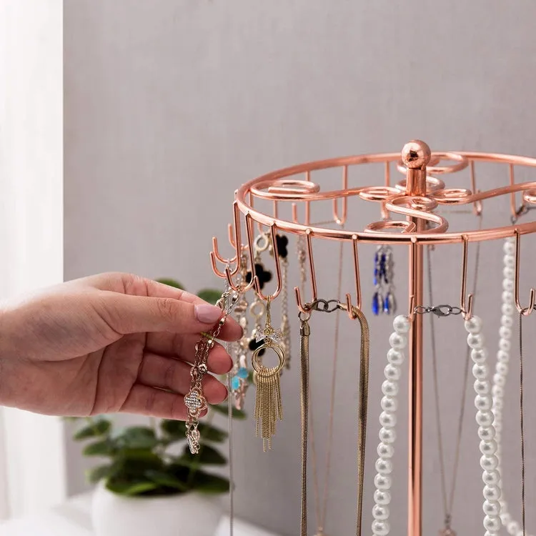 Copper 14-Inch Scrollwork Necklace Holder Rack with Rotating Carousel and 24 Hooks