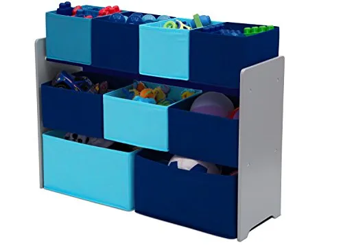Delta Children Deluxe Multi-Bin Toy Organizer with Storage Bins, Grey/Blue Bins