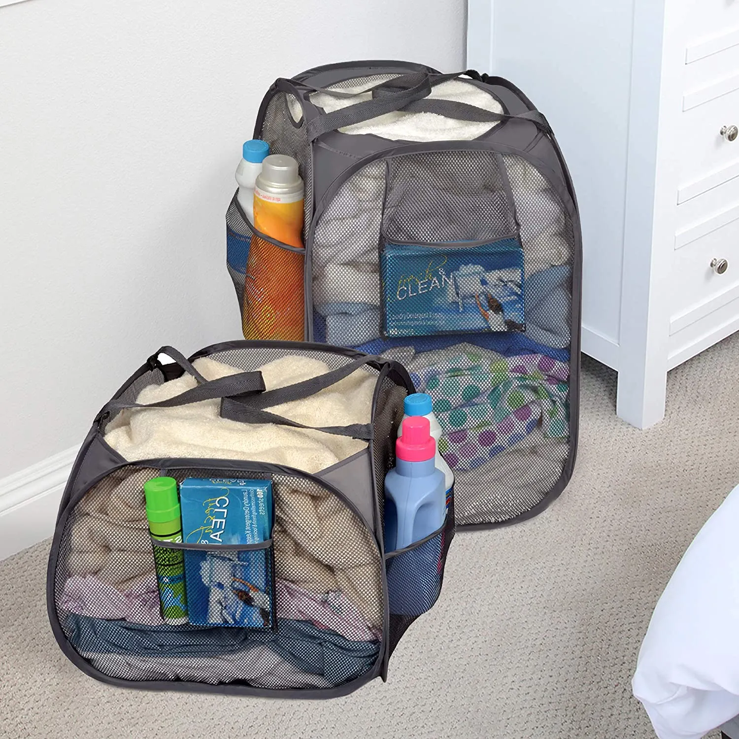 Deluxe Mesh Pop Up Rectangle and Square Hamper Combo - Gray
