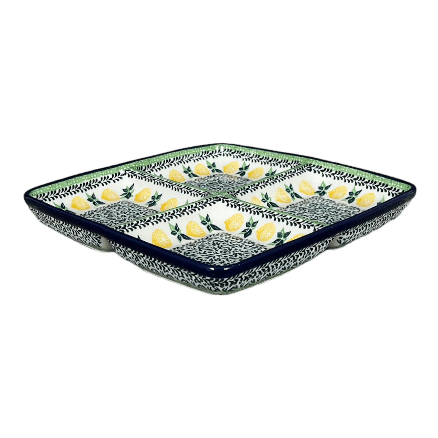 Divided Square Dish, 9.75" in "Lemons and Leaves" by Ceramika Artystyczna | AB40-2749X